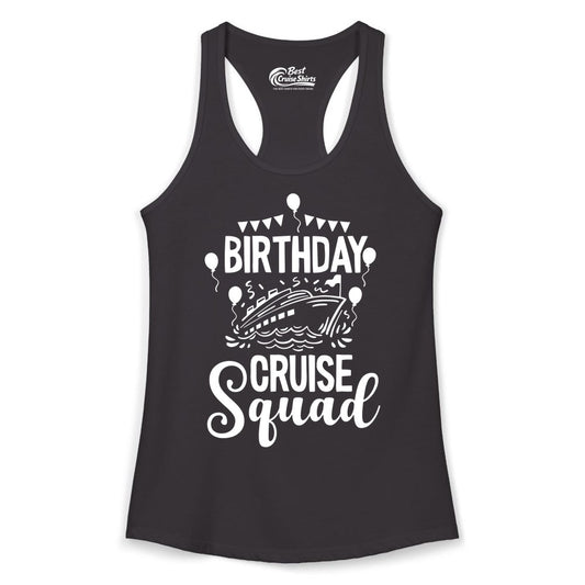 Birthday Cruise Shirt for Groups - Fun Cruise Squad Celebration Tee (Ladies Tank) in Black - Birthday Cruise Squad Shirt - Fun Balloons and Banner Group Design
