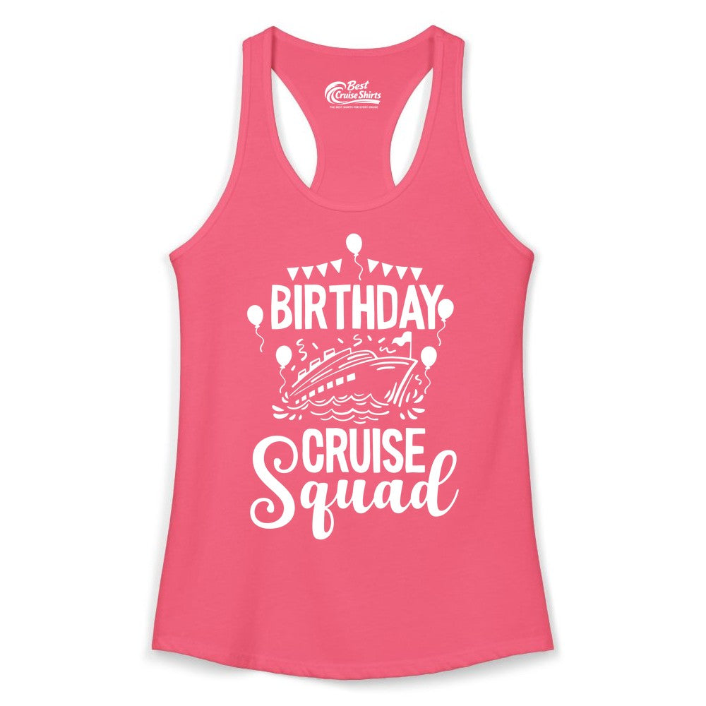 Birthday Cruise Shirt for Groups - Fun Cruise Squad Celebration Tee (Ladies Tank) in Hot Pink - Birthday Cruise Squad Shirt - Fun Balloons and Banner Group Design