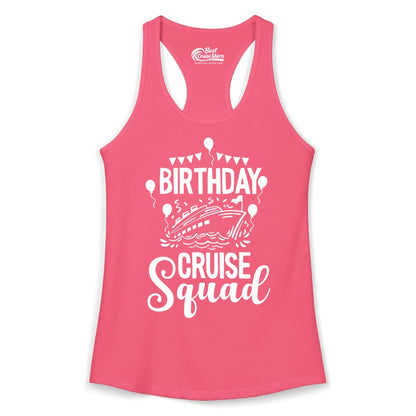 Birthday Cruise Shirt for Groups - Fun Cruise Squad Celebration Tee (Ladies Tank) in Hot Pink - Birthday Cruise Squad Shirt - Fun Balloons and Banner Group Design