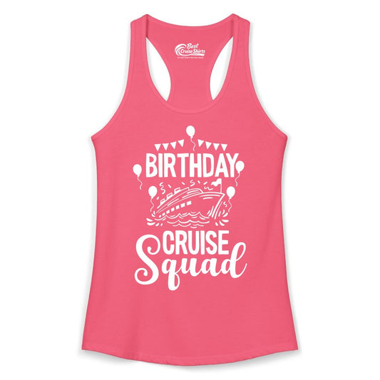 Birthday Cruise Shirt for Groups - Fun Cruise Squad Celebration Tee (Ladies Tank) in Hot Pink - Birthday Cruise Squad Shirt - Fun Balloons and Banner Group Design