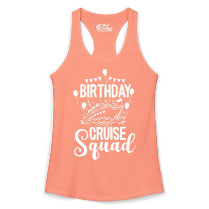 Birthday Cruise Shirt for Groups - Fun Cruise Squad Celebration Tee (Ladies Tank) in Solid Light Orange - Birthday Cruise Squad Shirt - Fun Balloons and Banner Group Design