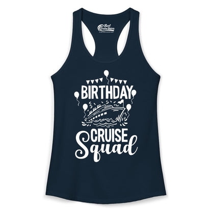 Birthday Cruise Shirt for Groups - Fun Cruise Squad Celebration Tee (Ladies Tank) in Solid Midnight Navy - Birthday Cruise Squad Shirt - Fun Balloons and Banner Group Design