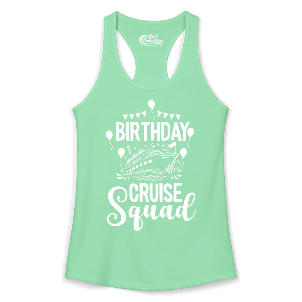 Birthday Cruise Shirt for Groups - Fun Cruise Squad Celebration Tee (Ladies Tank) in Solid Mint - Birthday Cruise Squad Shirt - Fun Balloons and Banner Group Design