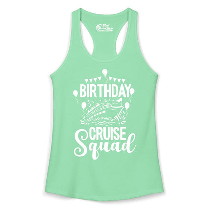 Birthday Cruise Shirt for Groups - Fun Cruise Squad Celebration Tee (Ladies Tank) in Solid Mint - Birthday Cruise Squad Shirt - Fun Balloons and Banner Group Design