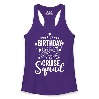 Birthday Cruise Shirt for Groups - Fun Cruise Squad Celebration Tee (Ladies Tank) in Solid Purple Rush - Birthday Cruise Squad Shirt - Fun Balloons and Banner Group Design
