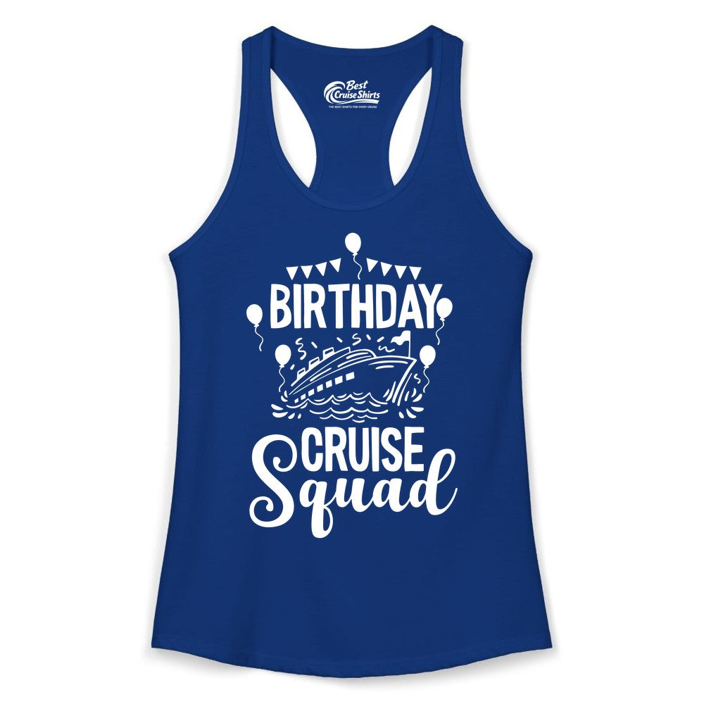 Birthday Cruise Shirt for Groups - Fun Cruise Squad Celebration Tee (Ladies Tank) in Solid Royal - Birthday Cruise Squad Shirt - Fun Balloons and Banner Group Design