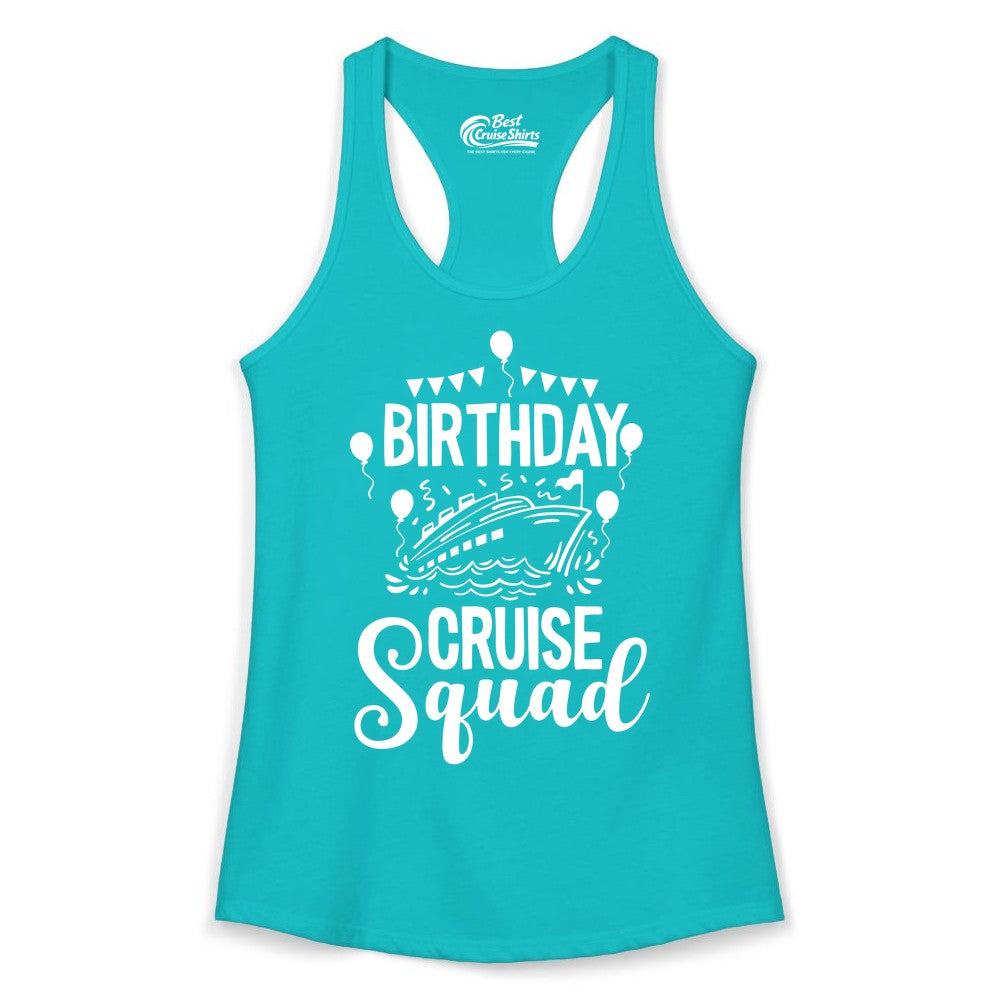 Birthday Cruise Shirt for Groups - Fun Cruise Squad Celebration Tee (Ladies Tank) in Tahiti Blue - Birthday Cruise Squad Shirt - Fun Balloons and Banner Group Design