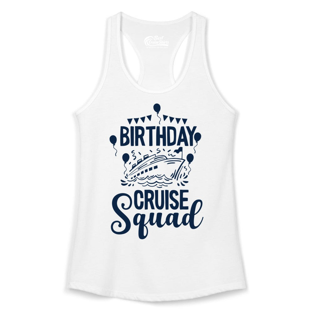 Birthday Cruise Shirt for Groups - Fun Cruise Squad Celebration Tee (Ladies Tank) in White - Birthday Cruise Squad Shirt - Fun Balloons and Banner Group Design