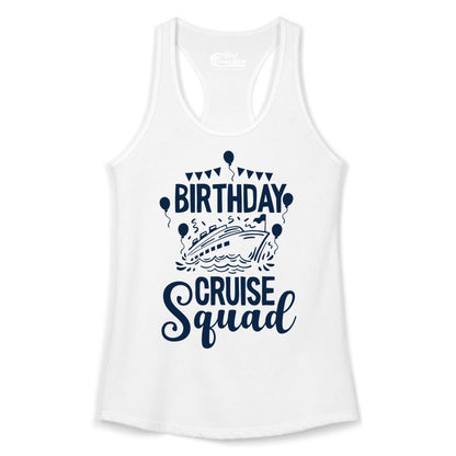 Birthday Cruise Shirt for Groups - Fun Cruise Squad Celebration Tee (Ladies Tank) in White - Birthday Cruise Squad Shirt - Fun Balloons and Banner Group Design