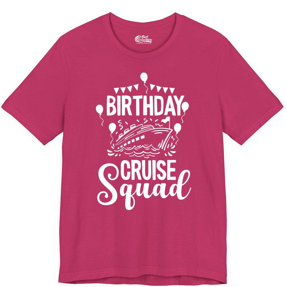 Birthday Cruise Shirt for Groups - Fun Cruise Squad Celebration Tee (Premium Tee) in Berry - Birthday Cruise Squad Shirt - Fun Balloons and Banner Group Design