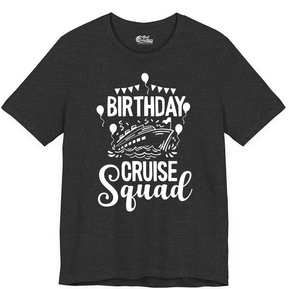 Birthday Cruise Shirt for Groups - Fun Cruise Squad Celebration Tee (Premium Tee) in Dark Grey Heather - Birthday Cruise Squad Shirt - Fun Balloons and Banner Group Design
