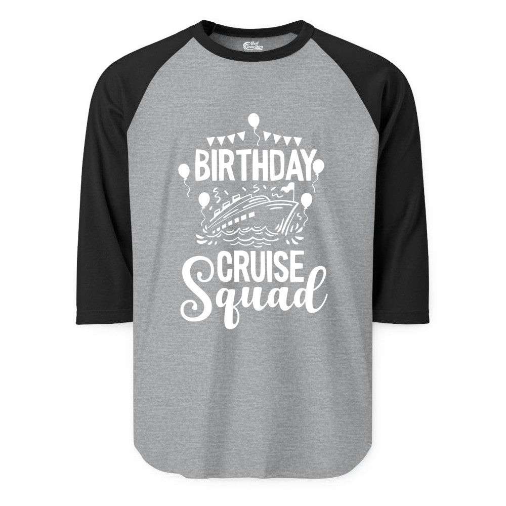 Birthday Cruise Shirt for Groups - Fun Cruise Squad Celebration Tee (Raglan) in Heather GreyBlack - Birthday Cruise Squad Shirt - Fun Balloons and Banner Group Design