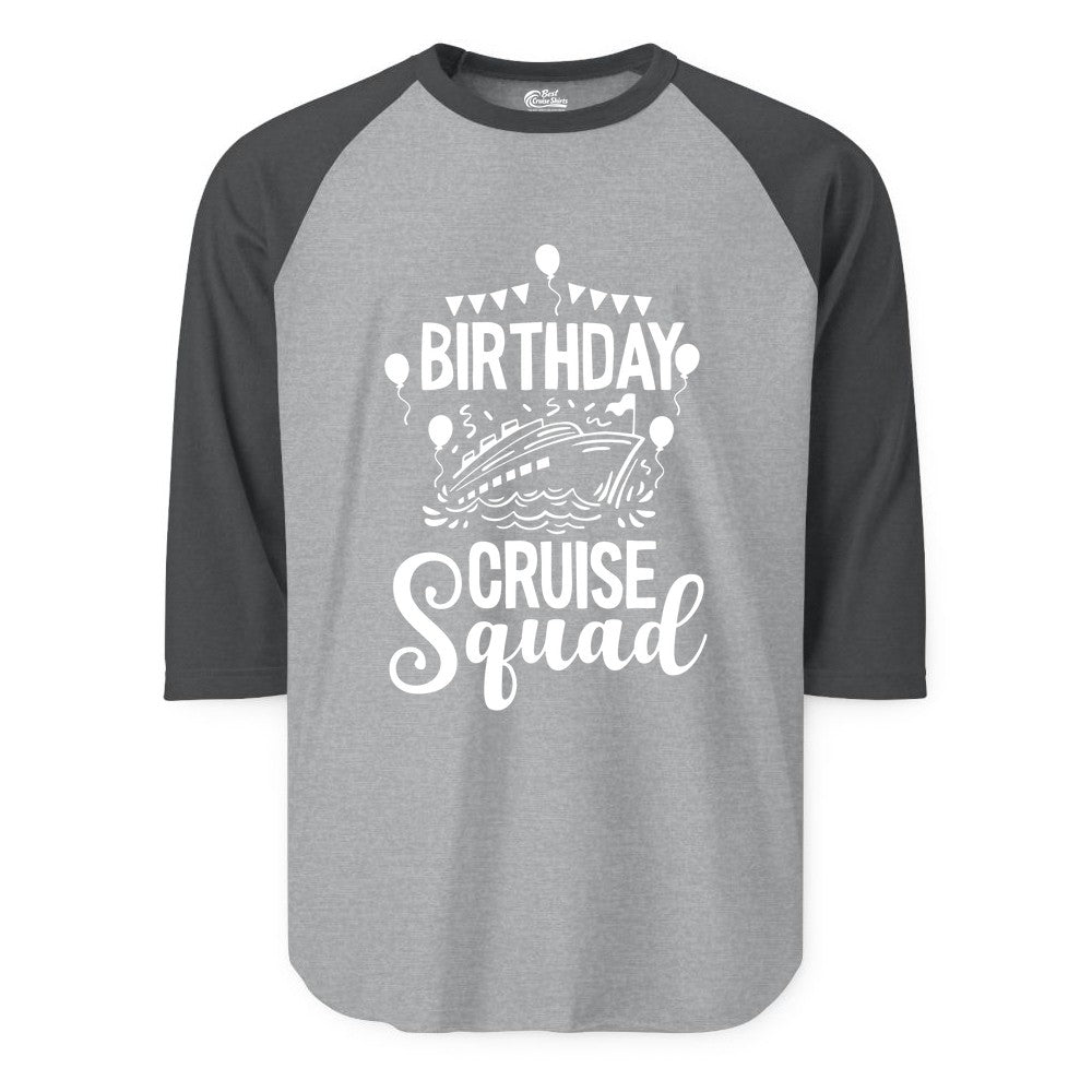 Birthday Cruise Shirt for Groups - Fun Cruise Squad Celebration Tee (Raglan) in Heather GreyHeather Charcoal - Birthday Cruise Squad Shirt - Fun Balloons and Banner Group Design