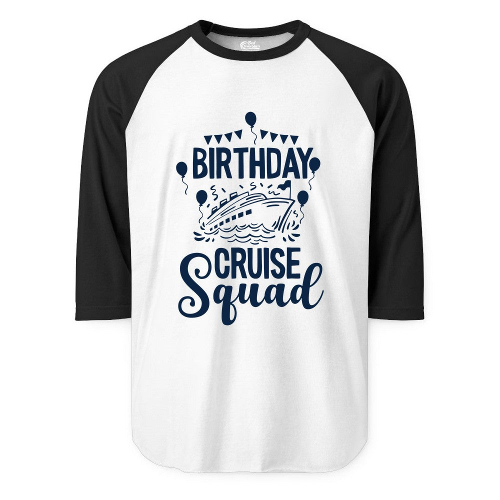 Birthday Cruise Shirt for Groups - Fun Cruise Squad Celebration Tee (Raglan) in WhiteBlack - Birthday Cruise Squad Shirt - Fun Balloons and Banner Group Design
