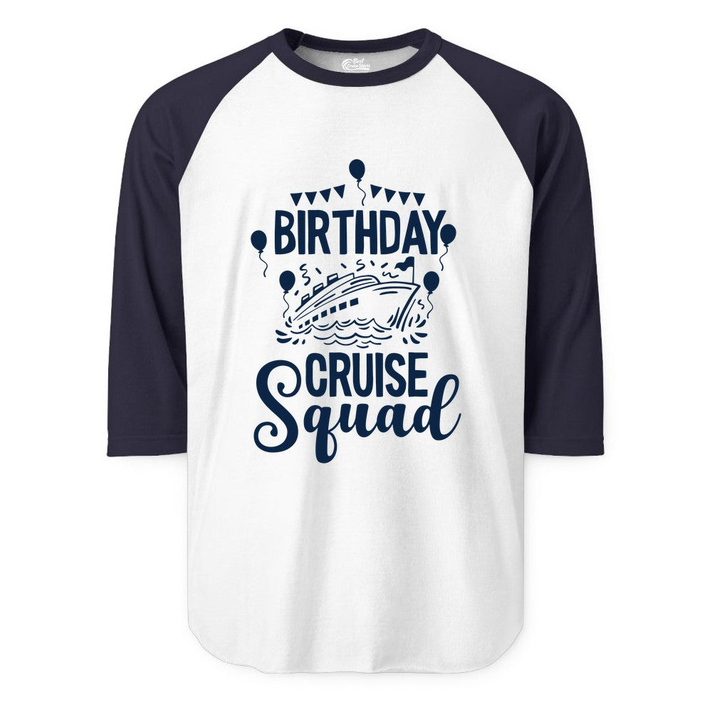 Birthday Cruise Shirt for Groups - Fun Cruise Squad Celebration Tee (Raglan) in WhiteNavy - Birthday Cruise Squad Shirt - Fun Balloons and Banner Group Design