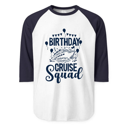 Birthday Cruise Shirt for Groups - Fun Cruise Squad Celebration Tee (Raglan) in WhiteNavy - Birthday Cruise Squad Shirt - Fun Balloons and Banner Group Design