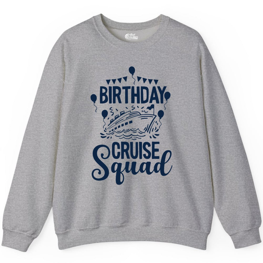 Birthday Cruise Shirt for Groups - Fun Cruise Squad Celebration Tee (Sweatshirt) in Sport Grey - Birthday Cruise Squad Shirt - Fun Balloons and Banner Group Design