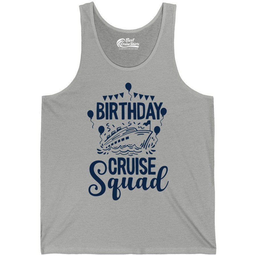 Birthday Cruise Shirt for Groups - Fun Cruise Squad Celebration Tee (Tank Top) in Athletic Heather - Birthday Cruise Squad Shirt - Fun Balloons and Banner Group Design