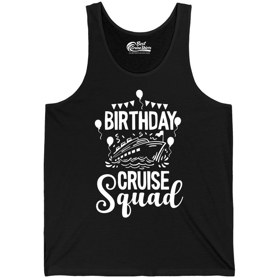 Birthday Cruise Shirt for Groups - Fun Cruise Squad Celebration Tee (Tank Top) in Black - Birthday Cruise Squad Shirt - Fun Balloons and Banner Group Design