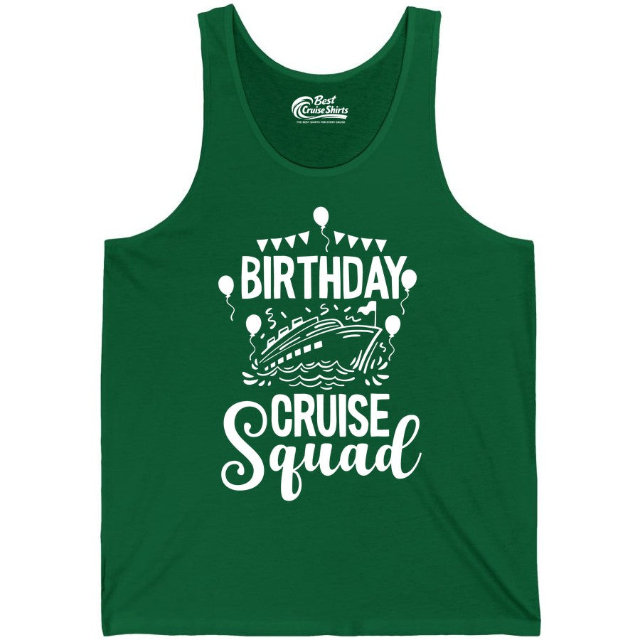 Birthday Cruise Shirt for Groups - Fun Cruise Squad Celebration Tee (Tank Top) in Kelly - Birthday Cruise Squad Shirt - Fun Balloons and Banner Group Design