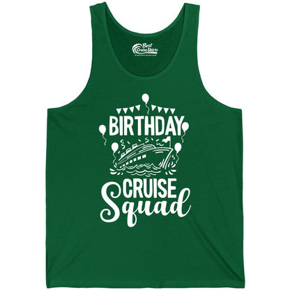 Birthday Cruise Shirt for Groups - Fun Cruise Squad Celebration Tee (Tank Top) in Kelly - Birthday Cruise Squad Shirt - Fun Balloons and Banner Group Design