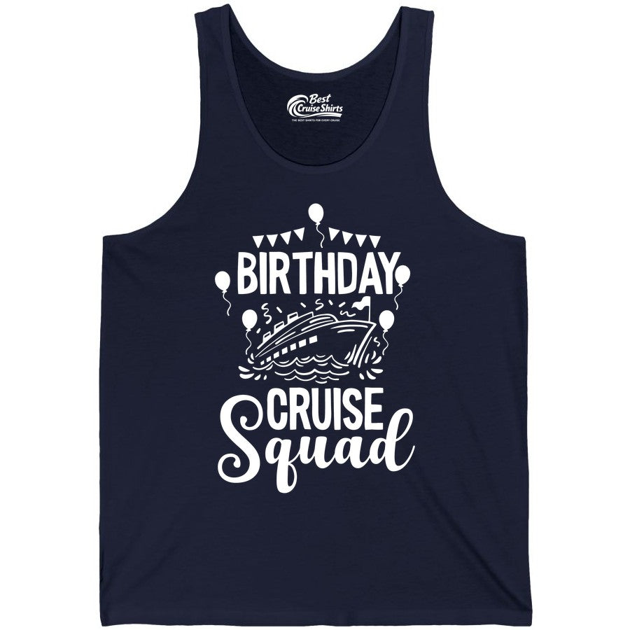 Birthday Cruise Shirt for Groups - Fun Cruise Squad Celebration Tee (Tank Top) in Navy - Birthday Cruise Squad Shirt - Fun Balloons and Banner Group Design