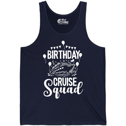 Birthday Cruise Shirt for Groups - Fun Cruise Squad Celebration Tee (Tank Top) in Navy - Birthday Cruise Squad Shirt - Fun Balloons and Banner Group Design