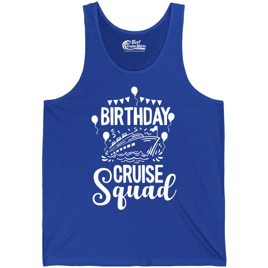 Birthday Cruise Shirt for Groups - Fun Cruise Squad Celebration Tee (Tank Top) in True Royal - Birthday Cruise Squad Shirt - Fun Balloons and Banner Group Design