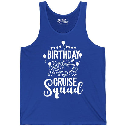 Birthday Cruise Shirt for Groups - Fun Cruise Squad Celebration Tee (Tank Top) in True Royal - Birthday Cruise Squad Shirt - Fun Balloons and Banner Group Design