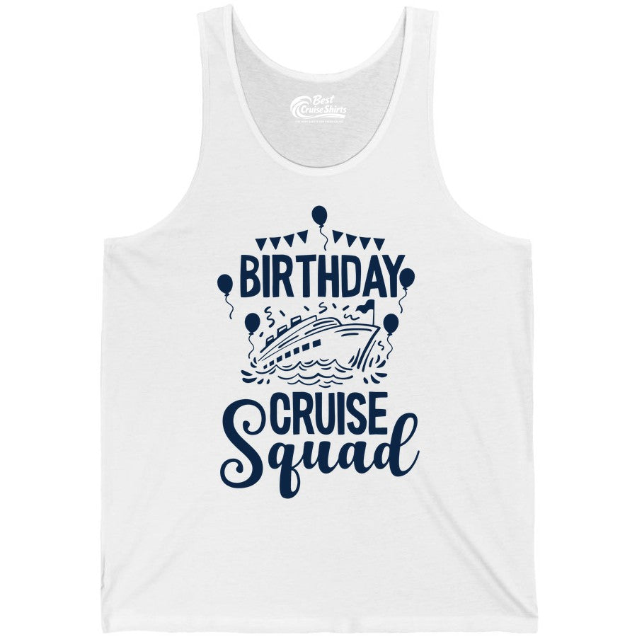 Birthday Cruise Shirt for Groups - Fun Cruise Squad Celebration Tee (Tank Top) in White - Birthday Cruise Squad Shirt - Fun Balloons and Banner Group Design