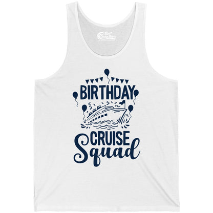 Birthday Cruise Shirt for Groups - Fun Cruise Squad Celebration Tee (Tank Top) in White - Birthday Cruise Squad Shirt - Fun Balloons and Banner Group Design