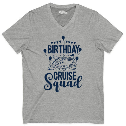 Birthday Cruise Shirt for Groups - Fun Cruise Squad Celebration Tee (V-Neck) in Athletic Heather - Birthday Cruise Squad Shirt - Fun Balloons and Banner Group Design