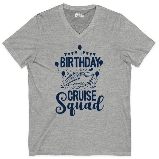 Birthday Cruise Shirt for Groups - Fun Cruise Squad Celebration Tee (V-Neck) in Athletic Heather - Birthday Cruise Squad Shirt - Fun Balloons and Banner Group Design