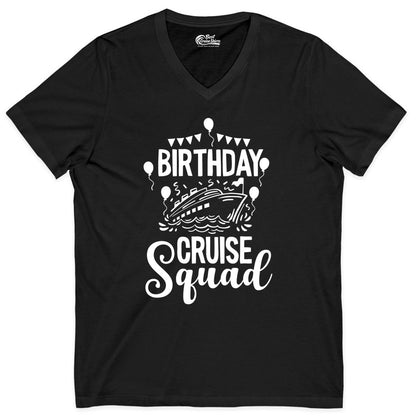 Birthday Cruise Shirt for Groups - Fun Cruise Squad Celebration Tee (V-Neck) in Black - Birthday Cruise Squad Shirt - Fun Balloons and Banner Group Design