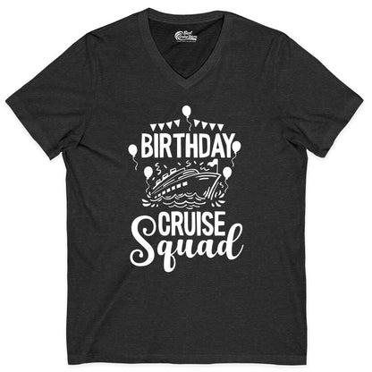 Birthday Cruise Shirt for Groups - Fun Cruise Squad Celebration Tee (V-Neck) in Dark Grey Heather - Birthday Cruise Squad Shirt - Fun Balloons and Banner Group Design