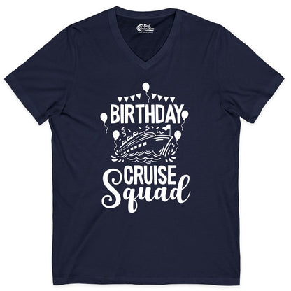 Birthday Cruise Shirt for Groups - Fun Cruise Squad Celebration Tee (V-Neck) in Navy - Birthday Cruise Squad Shirt - Fun Balloons and Banner Group Design
