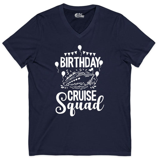Birthday Cruise Shirt for Groups - Fun Cruise Squad Celebration Tee (V-Neck) in Navy - Birthday Cruise Squad Shirt - Fun Balloons and Banner Group Design