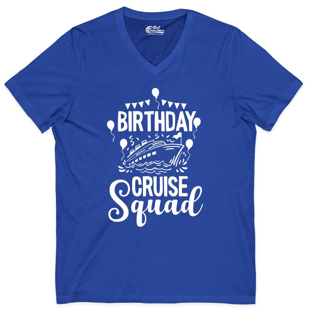 Birthday Cruise Shirt for Groups - Fun Cruise Squad Celebration Tee (V-Neck) in True Royal - Birthday Cruise Squad Shirt - Fun Balloons and Banner Group Design