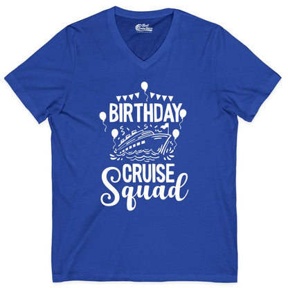 Birthday Cruise Shirt for Groups - Fun Cruise Squad Celebration Tee (V-Neck) in True Royal - Birthday Cruise Squad Shirt - Fun Balloons and Banner Group Design