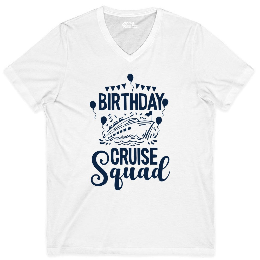 Birthday Cruise Shirt for Groups - Fun Cruise Squad Celebration Tee (V-Neck) in White - Birthday Cruise Squad Shirt - Fun Balloons and Banner Group Design