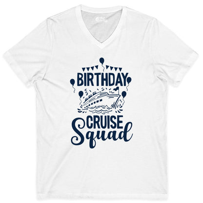 Birthday Cruise Shirt for Groups - Fun Cruise Squad Celebration Tee (V-Neck) in White - Birthday Cruise Squad Shirt - Fun Balloons and Banner Group Design
