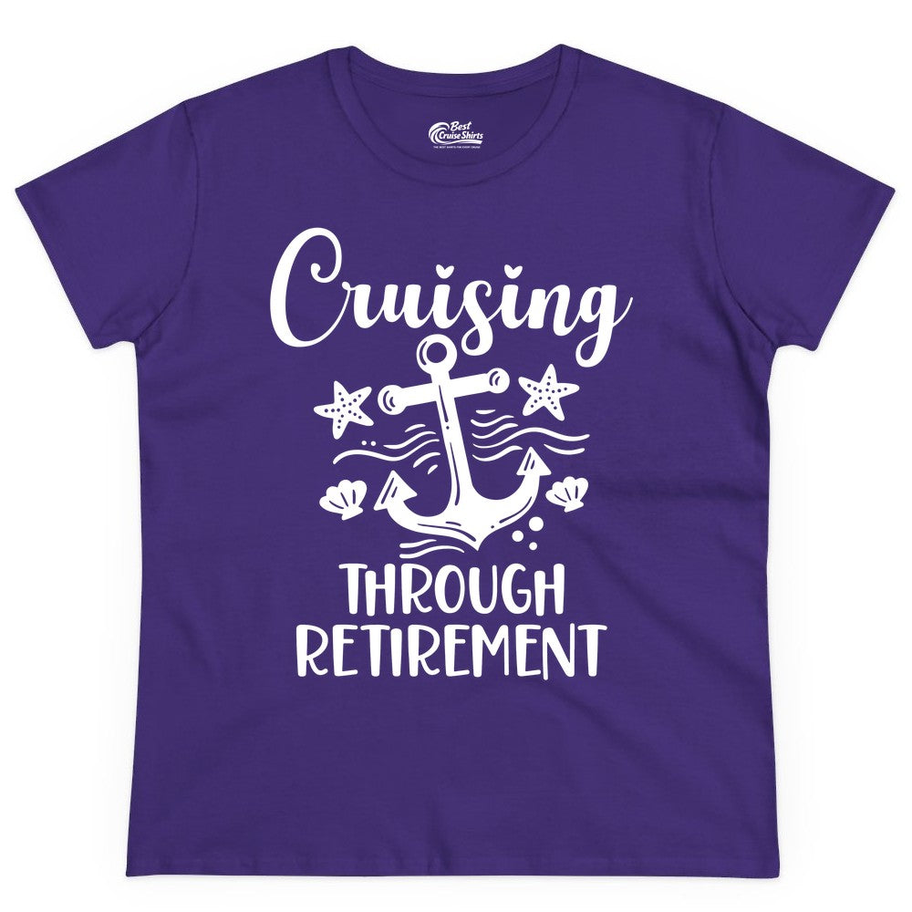 Cruise Retirement Shirt - Nautical Anchor Apparel for Parties & Gifts (Ladies Tee) in Purple - Cruising Through Retirement Nautical Anchor Shirt for Retirees