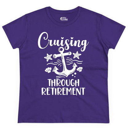 Cruise Retirement Shirt - Nautical Anchor Apparel for Parties & Gifts (Ladies Tee) in Purple - Cruising Through Retirement Nautical Anchor Shirt for Retirees