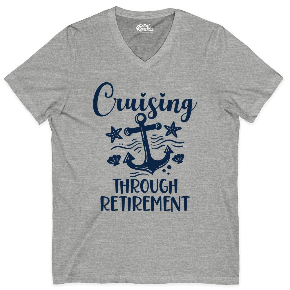 Cruise Retirement Shirt - Nautical Anchor Apparel for Parties & Gifts (V-Neck) in Athletic Heather - Cruising Through Retirement Nautical Anchor Shirt for Retirees