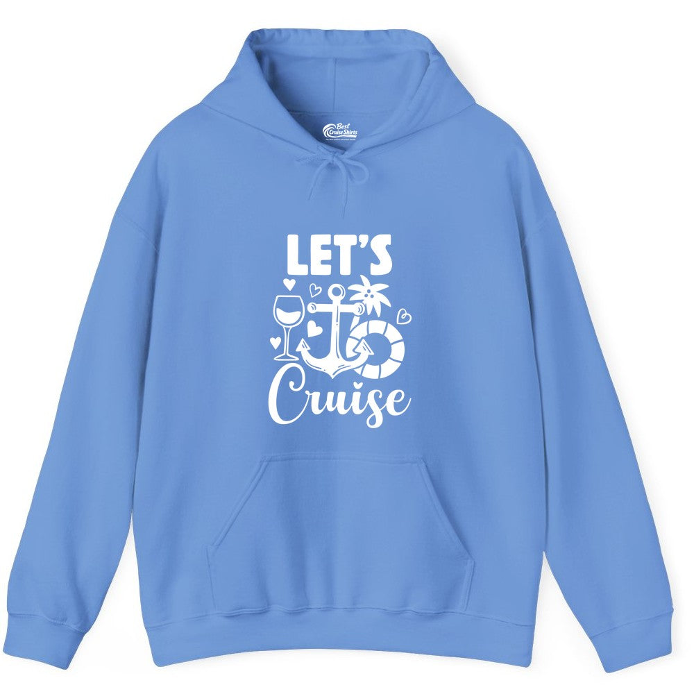 Let's Cruise Shirt - Fun Nautical Cruise Vacation Tee for Travelers (Hoodie) in Carolina Blue - Let's Cruise Shirt - Playful Nautical Anchor Palm and Lifesaver Design
