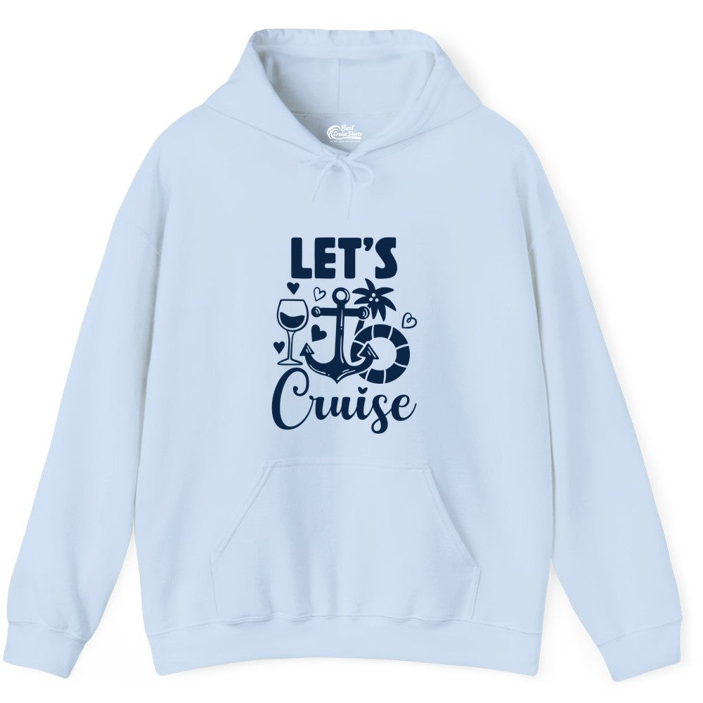 Let's Cruise Shirt - Fun Nautical Cruise Vacation Tee for Travelers (Hoodie) in Light Blue - Let's Cruise Shirt - Playful Nautical Anchor Palm and Lifesaver Design