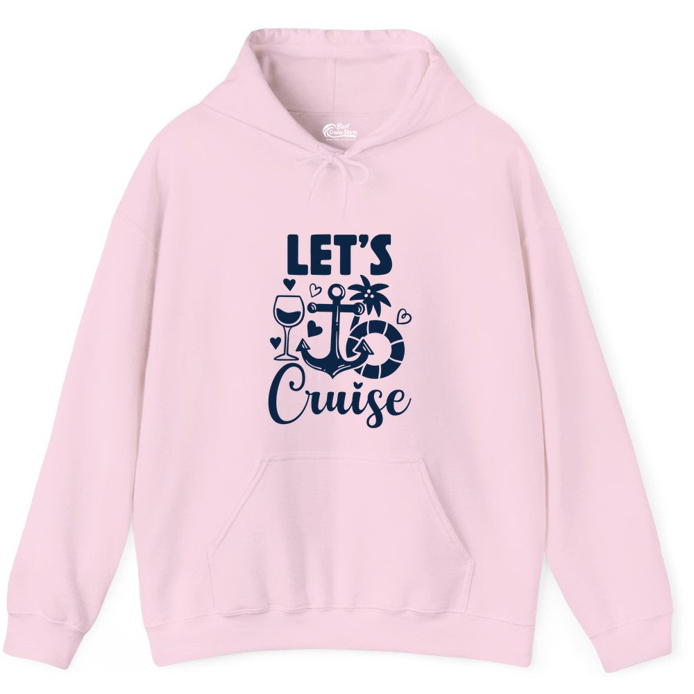 Let's Cruise Shirt - Fun Nautical Cruise Vacation Tee for Travelers (Hoodie) in Light Pink - Let's Cruise Shirt - Playful Nautical Anchor Palm and Lifesaver Design