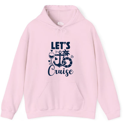 Let's Cruise Shirt - Fun Nautical Cruise Vacation Tee for Travelers (Hoodie) in Light Pink - Let's Cruise Shirt - Playful Nautical Anchor Palm and Lifesaver Design