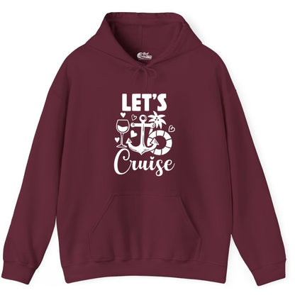 Let's Cruise Shirt - Fun Nautical Cruise Vacation Tee for Travelers (Hoodie) in Maroon - Let's Cruise Shirt - Playful Nautical Anchor Palm and Lifesaver Design