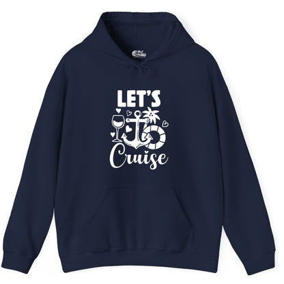 Let's Cruise Shirt - Fun Nautical Cruise Vacation Tee for Travelers (Hoodie) in Navy - Let's Cruise Shirt - Playful Nautical Anchor Palm and Lifesaver Design